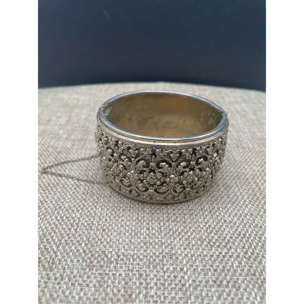 Vintage Silver Tone Wide Cuff Bangle Bracelet Scrolled Fancy Safety Chain